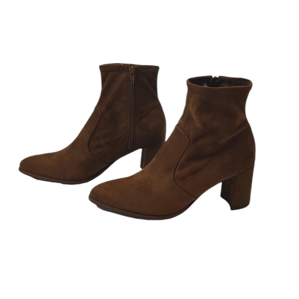 Cognac Nine West Faux Leather Suede Sock Ankle Boots w/ Side Zipper sz 7.5